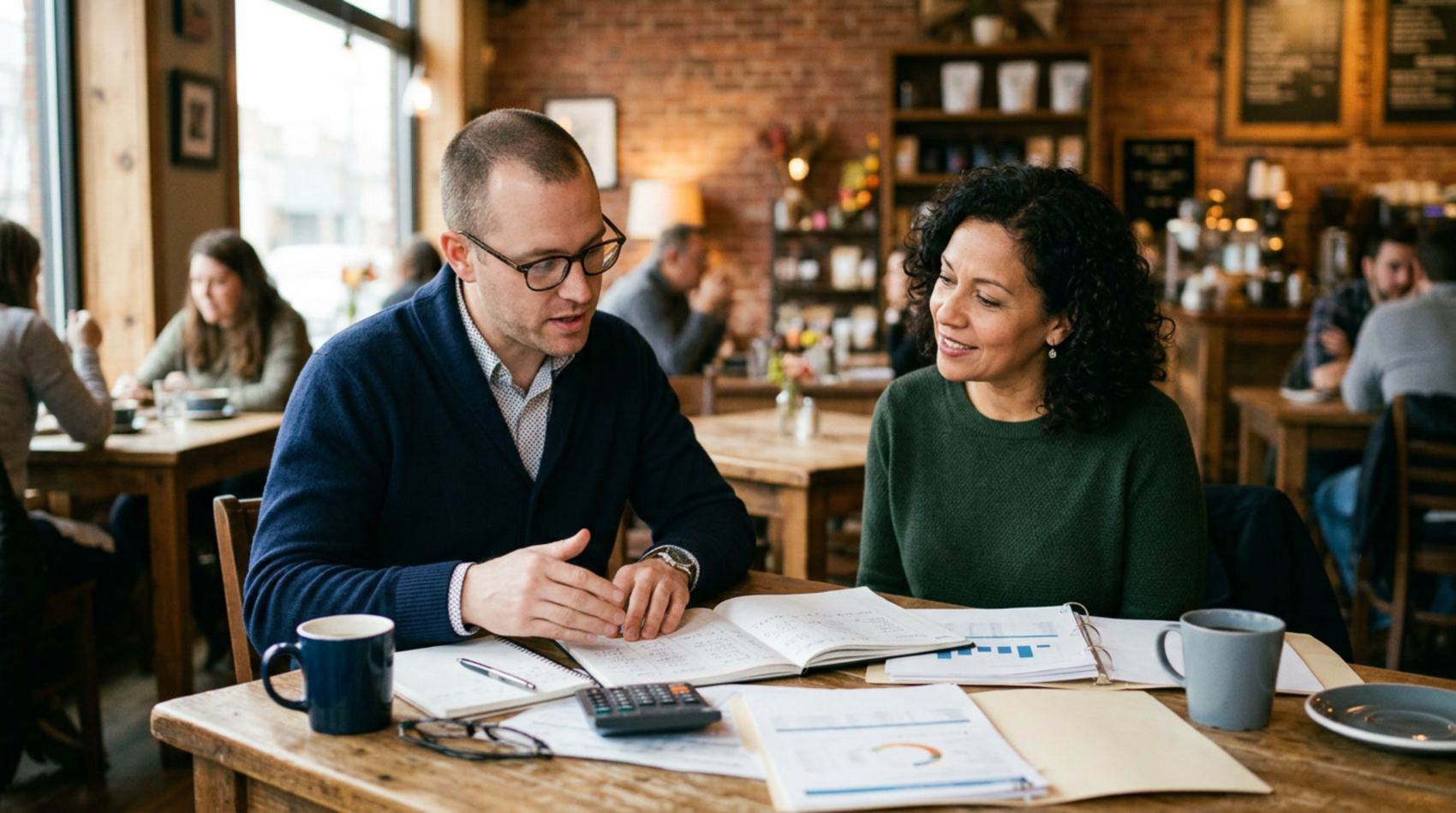 Two people reviewing financial documents together at a café table